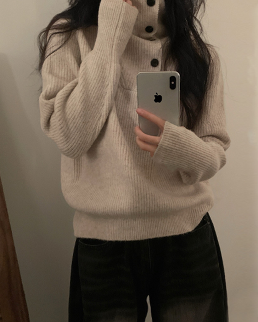 (3 color) ボタンウォーマータートルネックニット