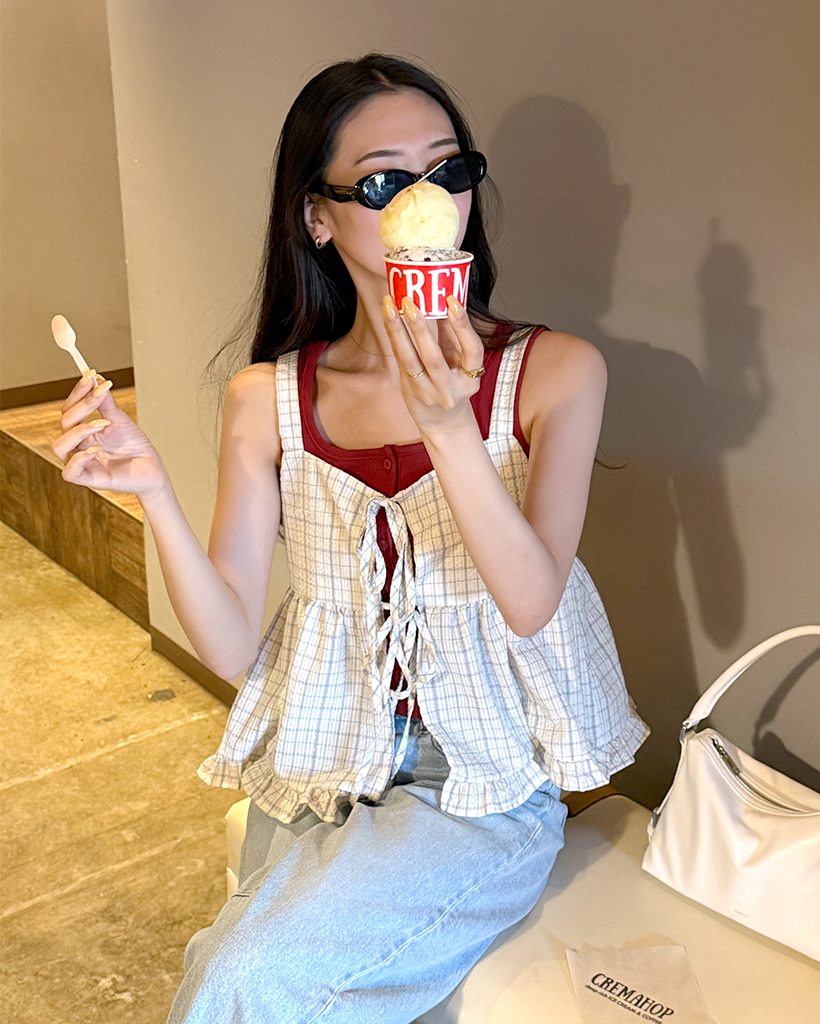 チェックリボンノースリーブブラウス