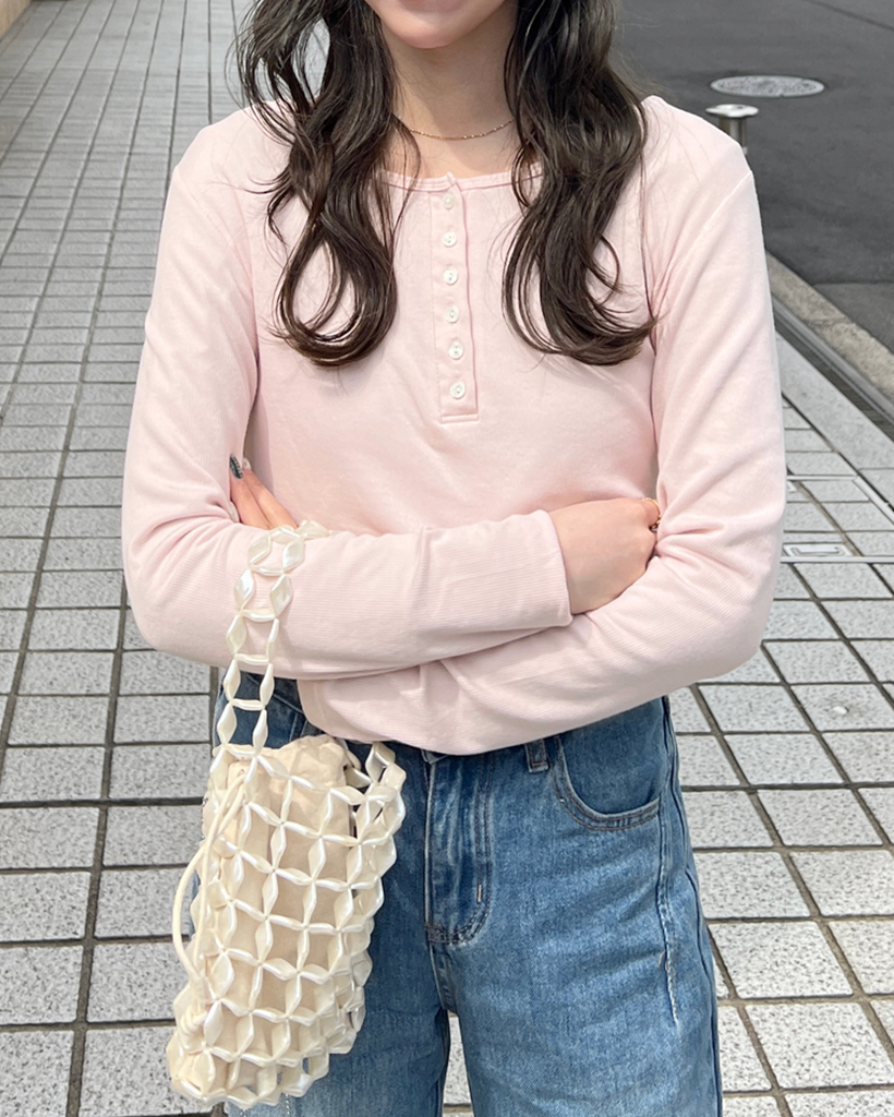 ハーフオープンネックシンプルリブポイント長袖Tシャツ