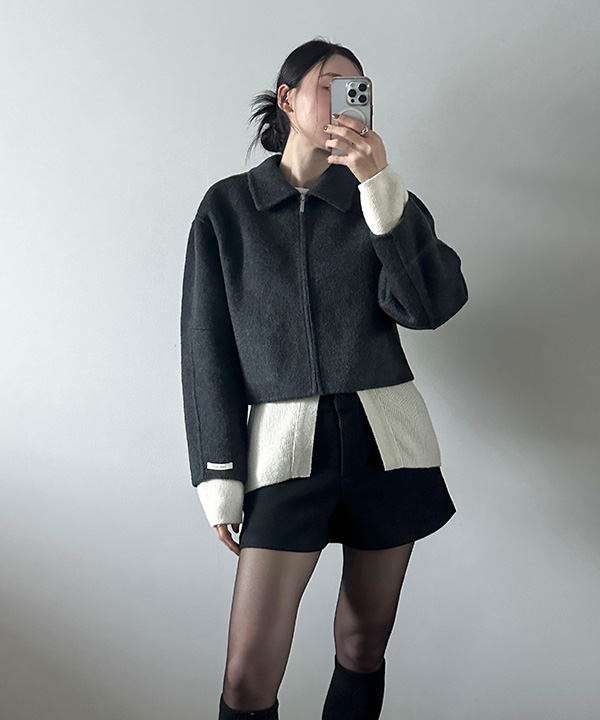 ウール混ハンドメイドミディ丈ショートコート