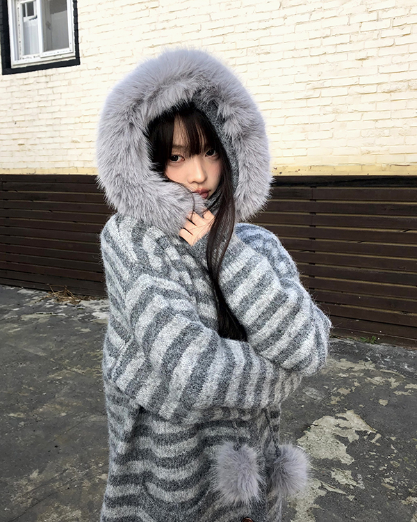 ボーダーファーフード付きカーディガン | ファッション通販サイト NUGU