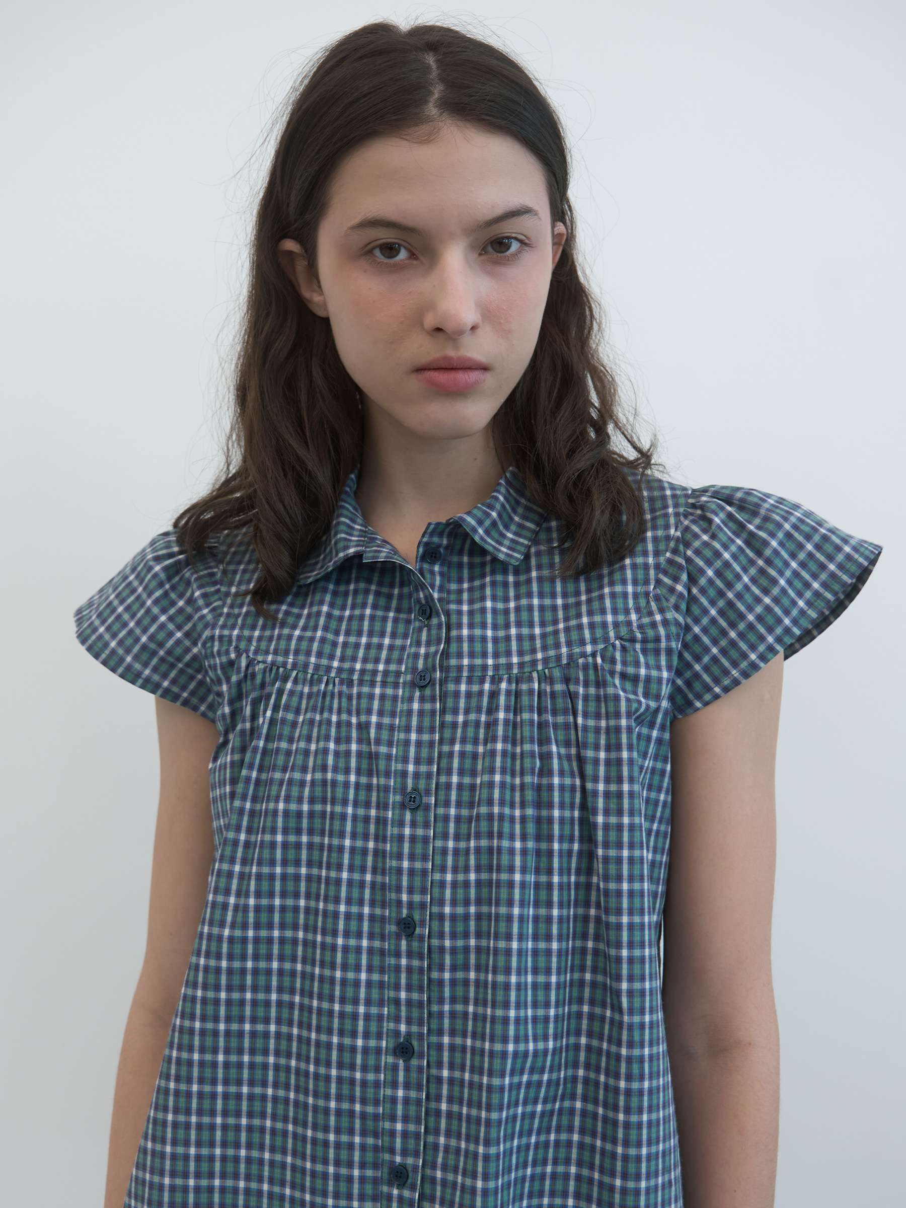 Checked Cap Sleeve Shirt (Green Check)