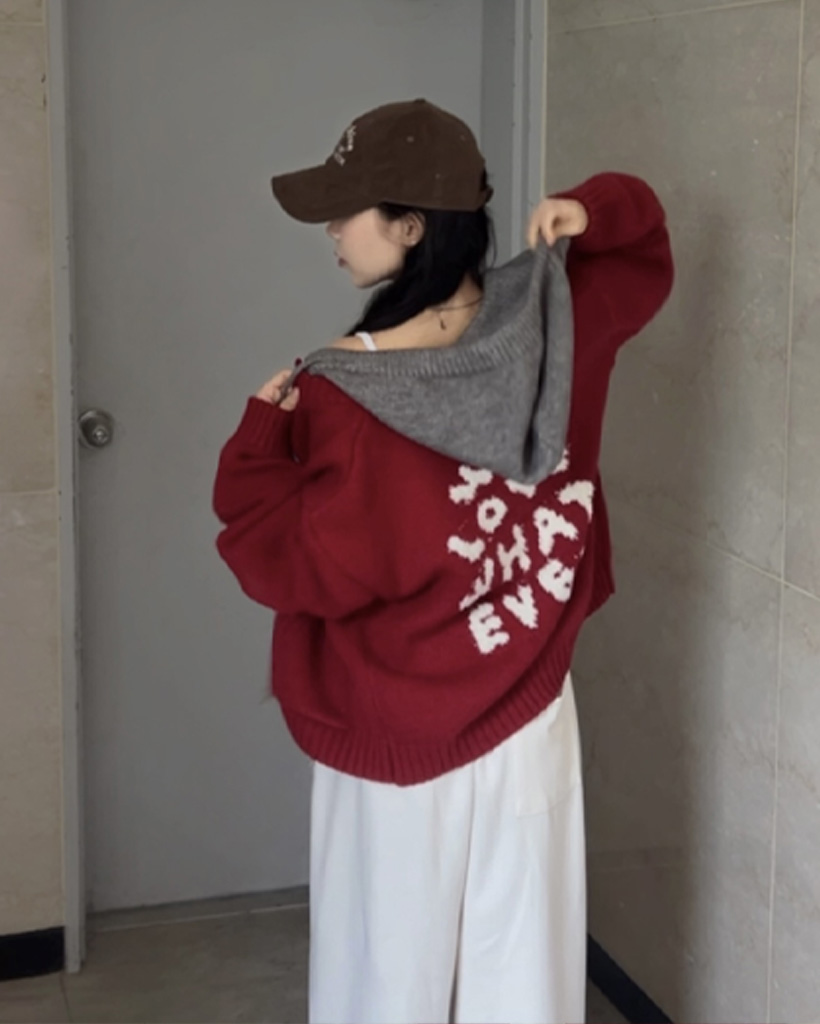 4color)バイカラーオーバーフィットニットフード付きパーカー