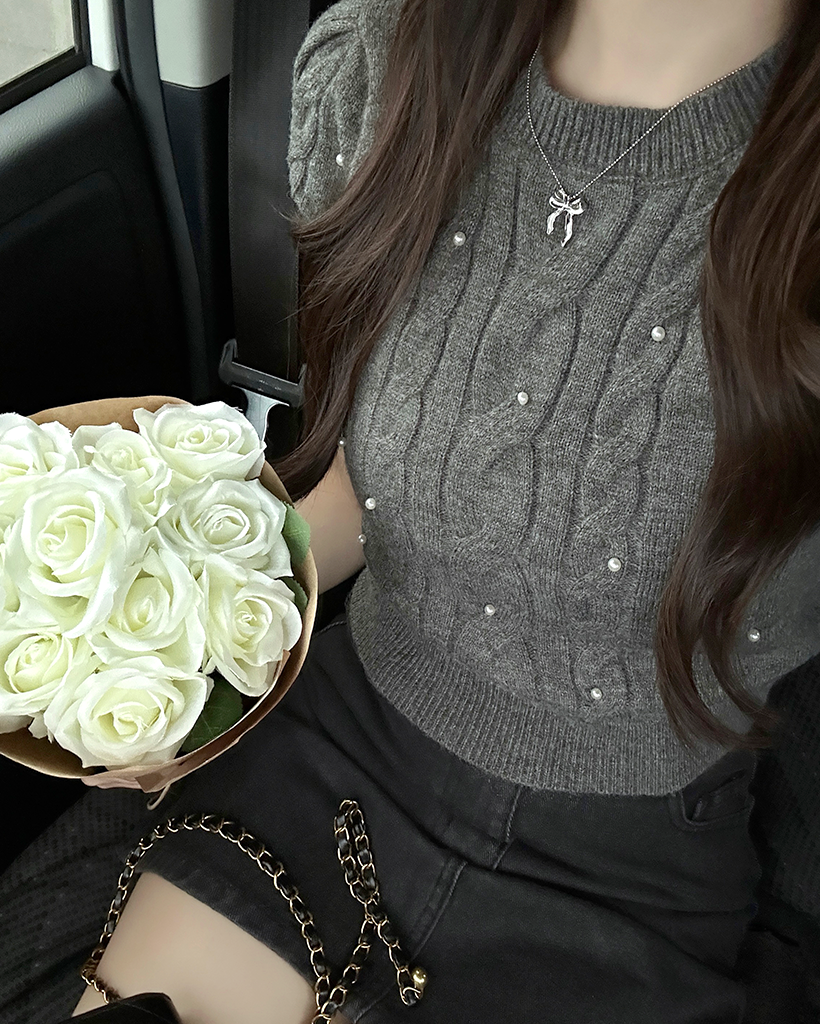 パールケーブル半袖ニット