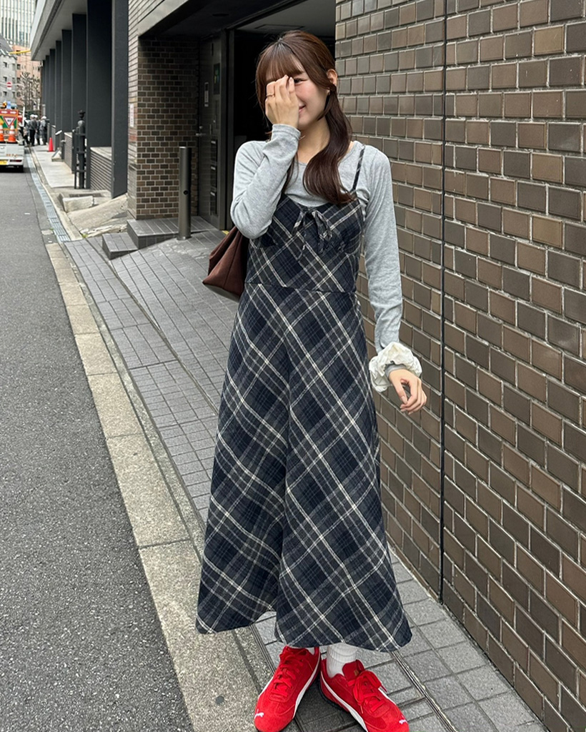 チェックパターンロングワンピース