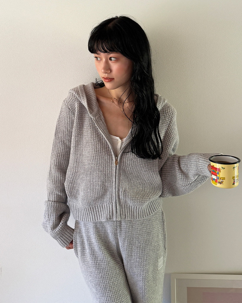 The Barnnet X daisy] Grey Bella Waffle Knit Zip-up Hoodie