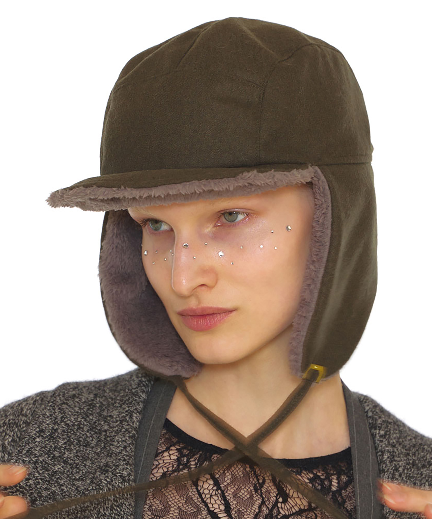 TRAPPER HAT / REVERSE FUR / FLANNEL OLIVE(冬 両面 耳付キ帽子