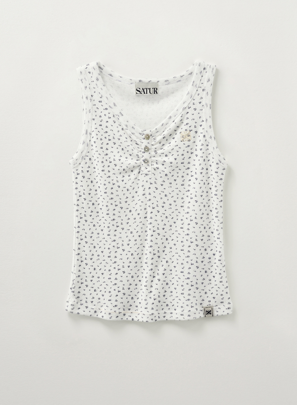 (W) Button Up Flower Shirring Sleeveless Top - White