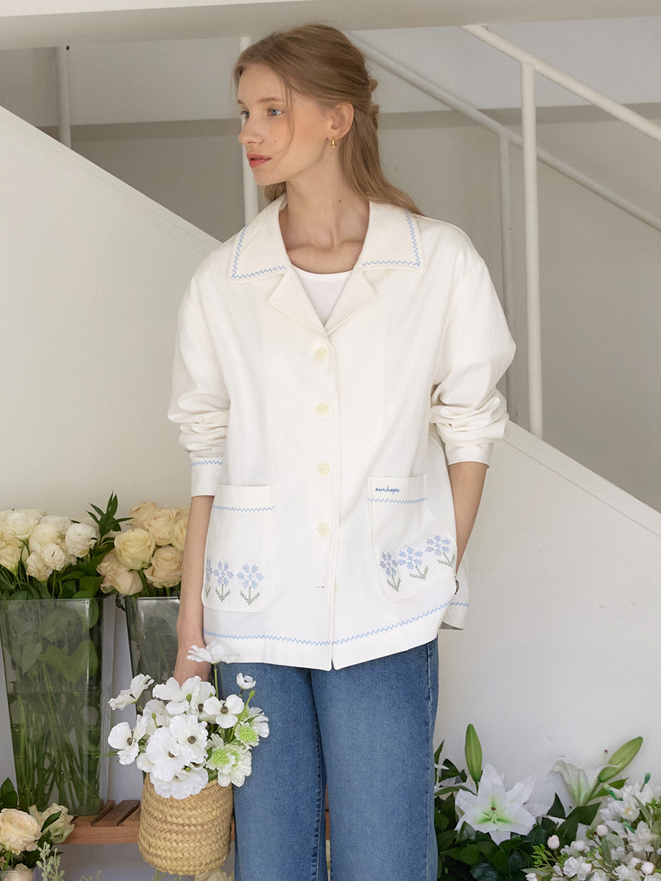 Flora Stitch Cotton Jacket - White