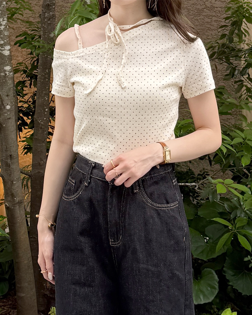 ドットアンバランスオフショルー半袖Tシャツ