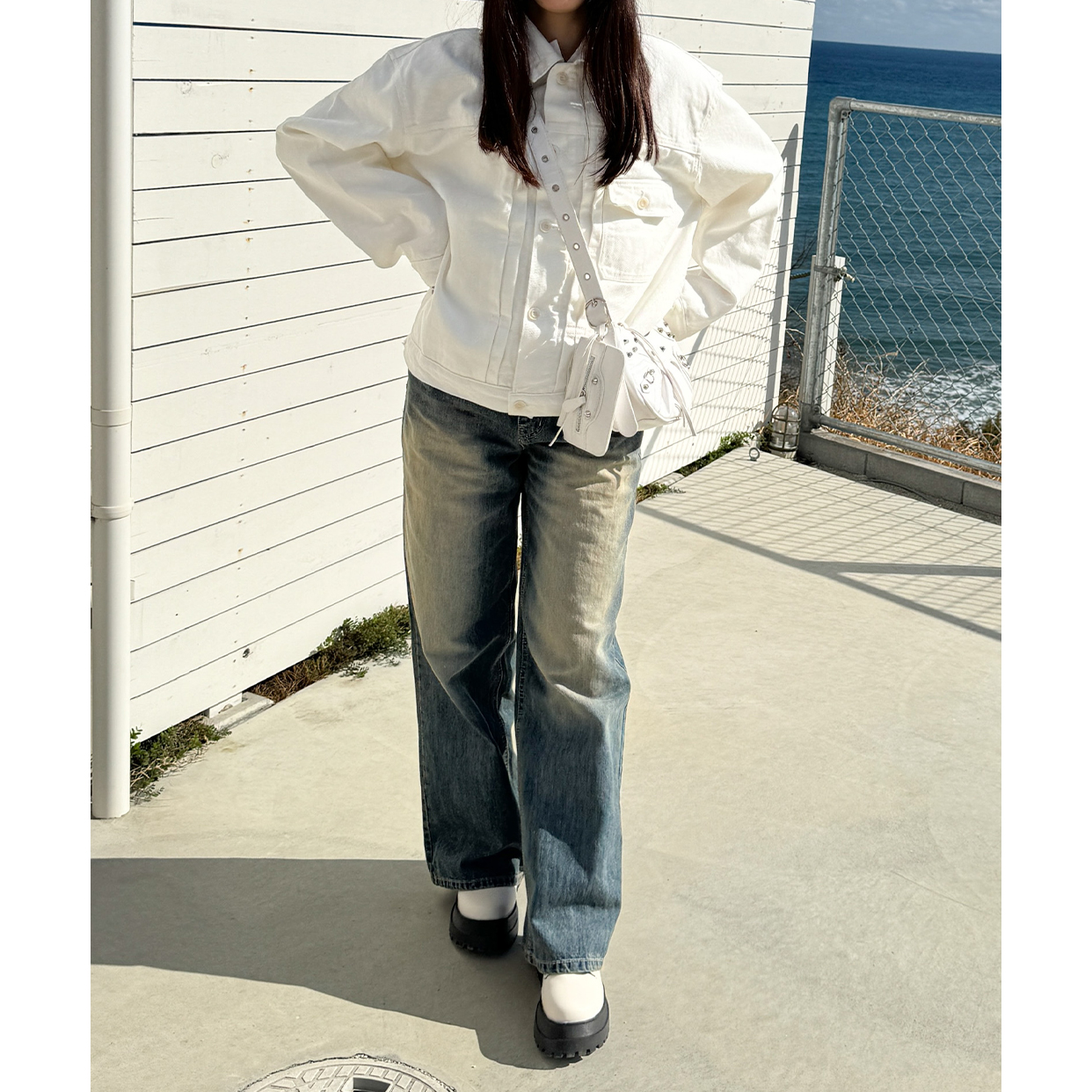 美品 MEDM デニムジャケット ユニセックス ホワイト 白 S MEDM 88rising Money Lucky Denim Jacket monogram unisexual
