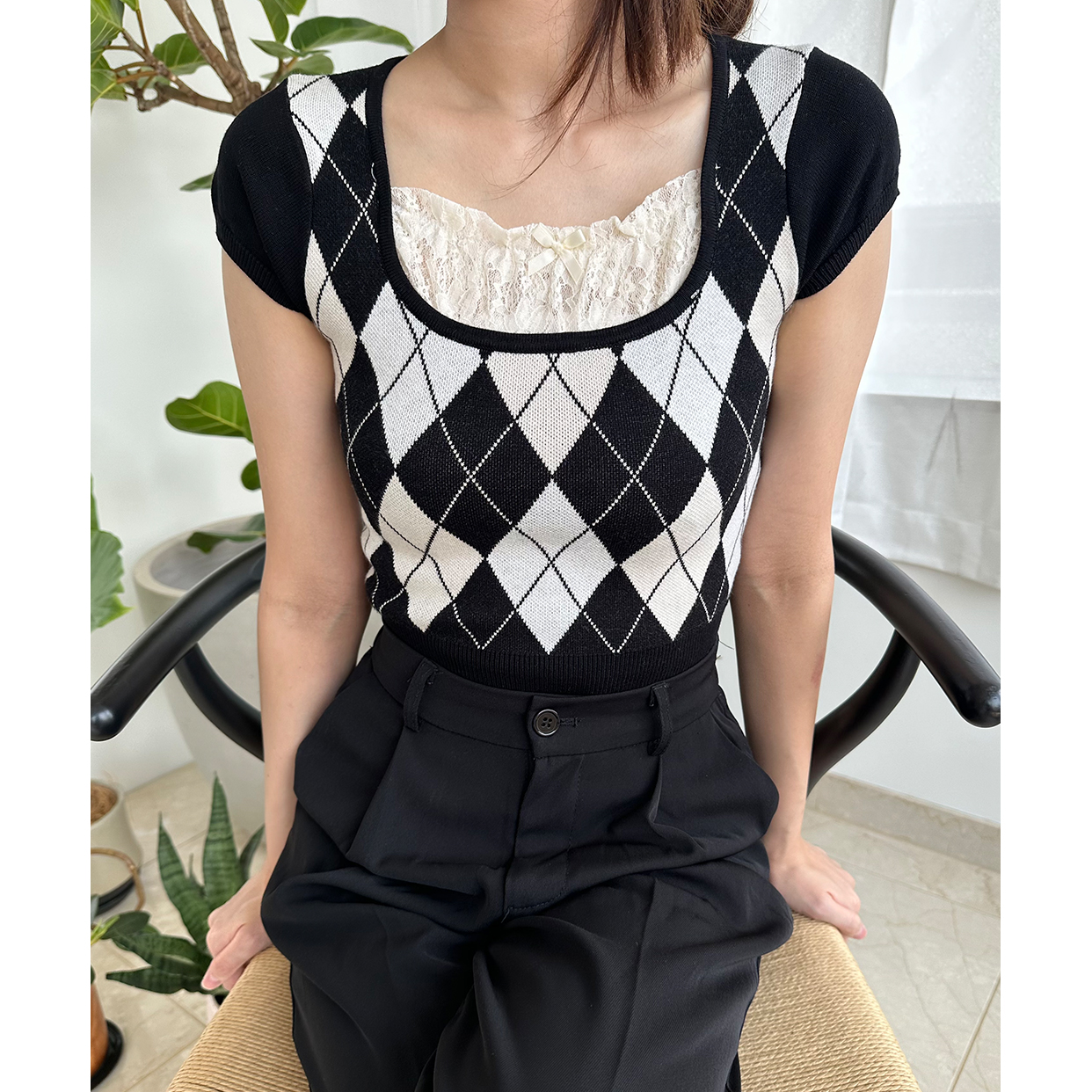 etoile_momグレーxs レースアーガイルニット | ファッション通販サイト NUGU