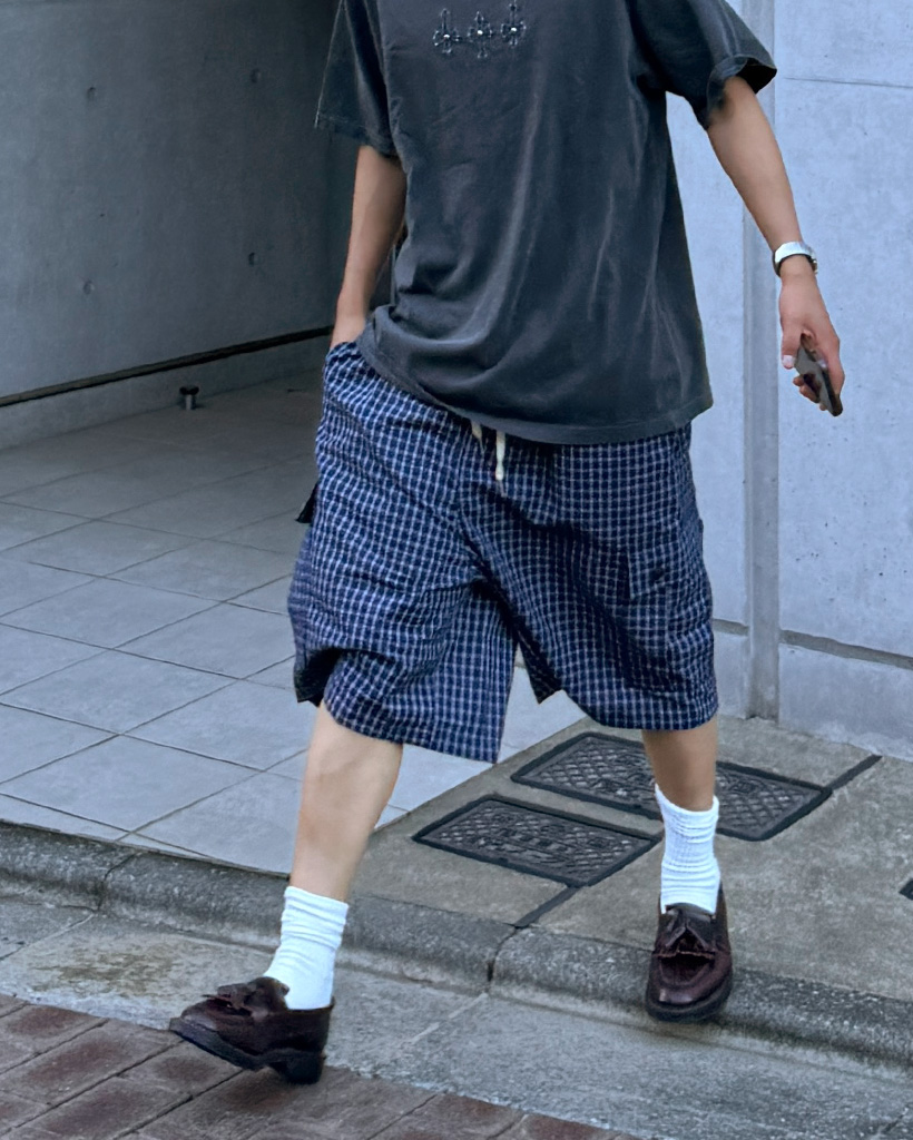 （ユニセックス）チェック カーゴ バミューダパンツ