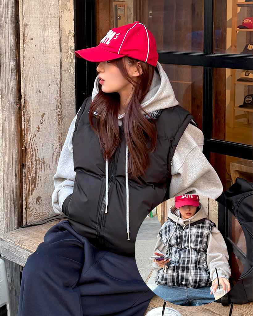 リバーシブルドチェックダウンベスト