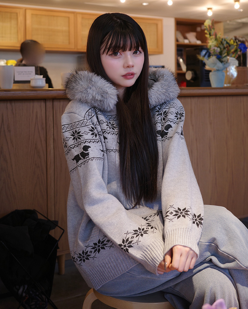 ノルディックファーフーディージップニット