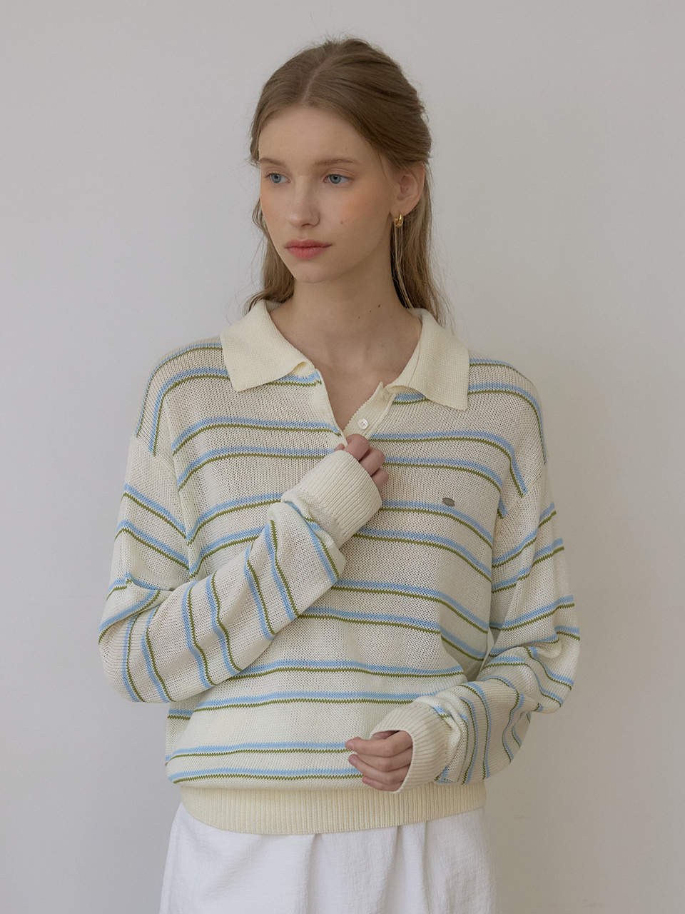 Linen Stripe Logo Collar Knit - Ivory