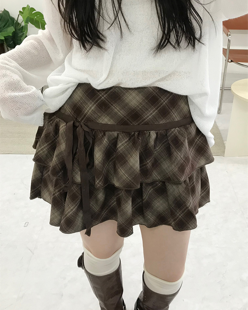 リボンチェックティアードミニスカート
