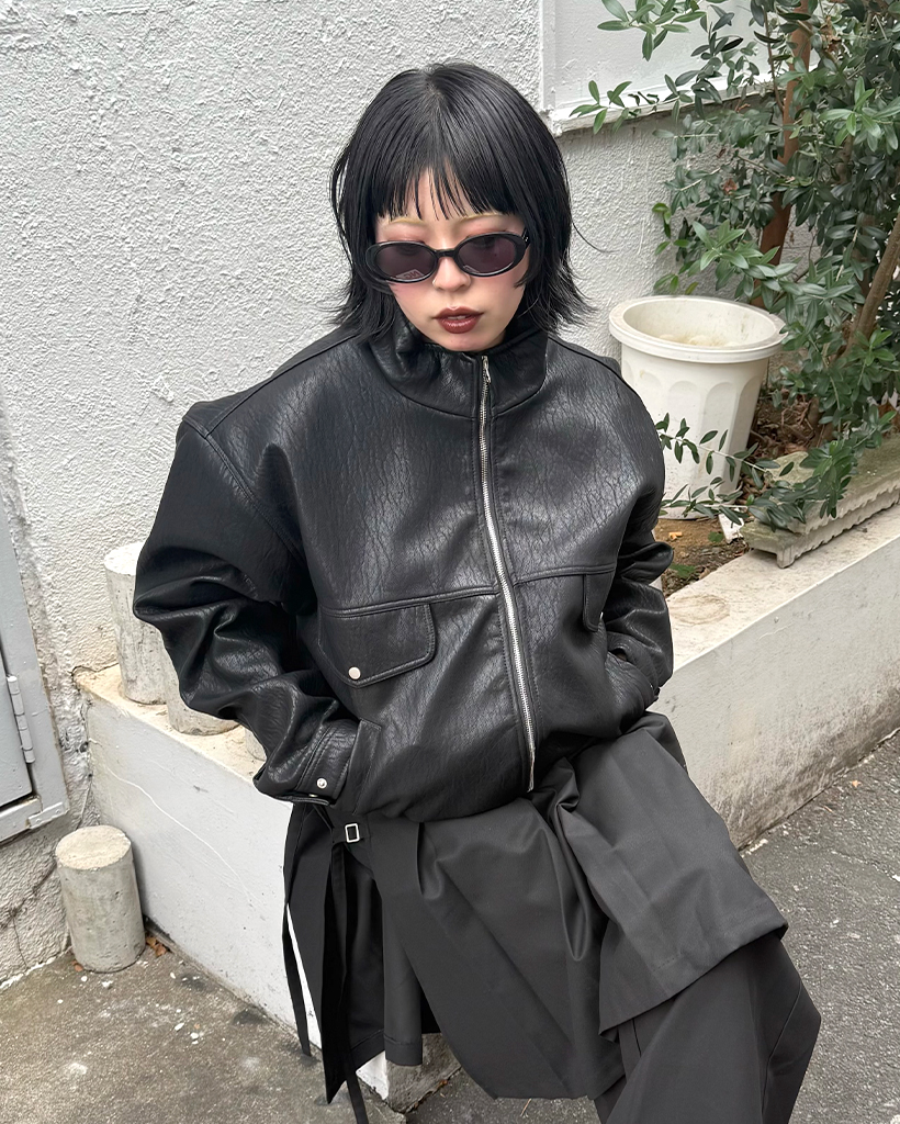 ダブルジップ裾ゴムフェイクレザージャケット | ファッション通販