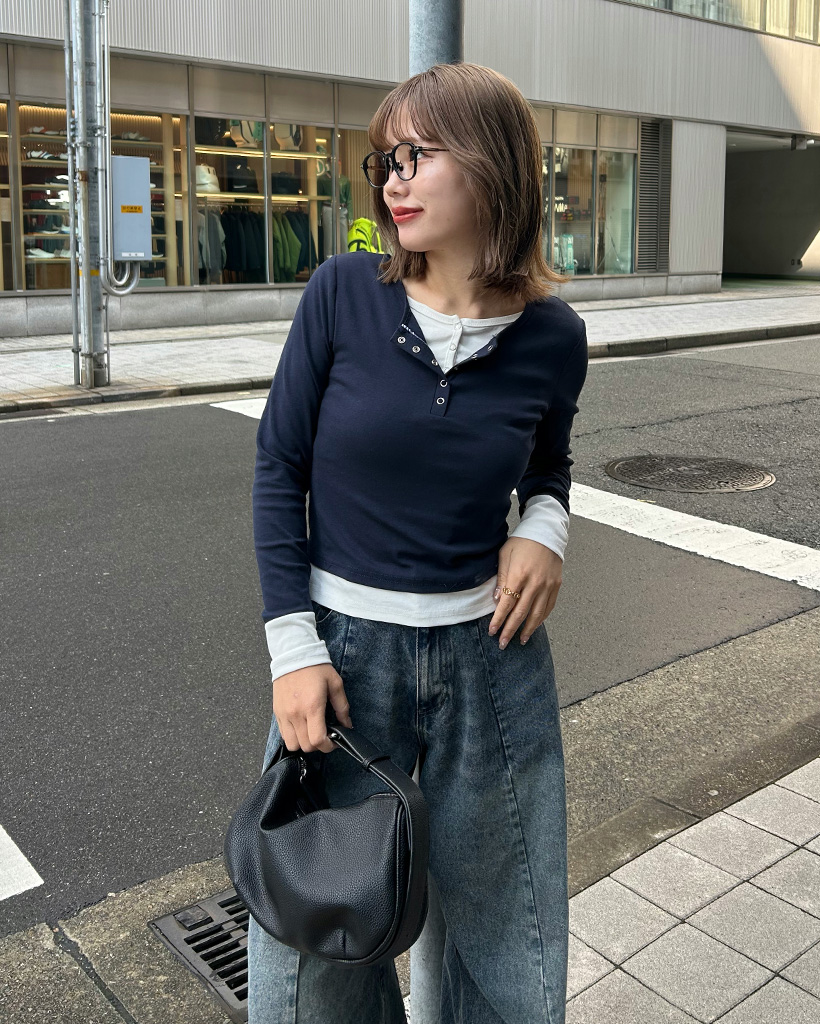 スナップボタンレイヤードロングスリーブTシャツ