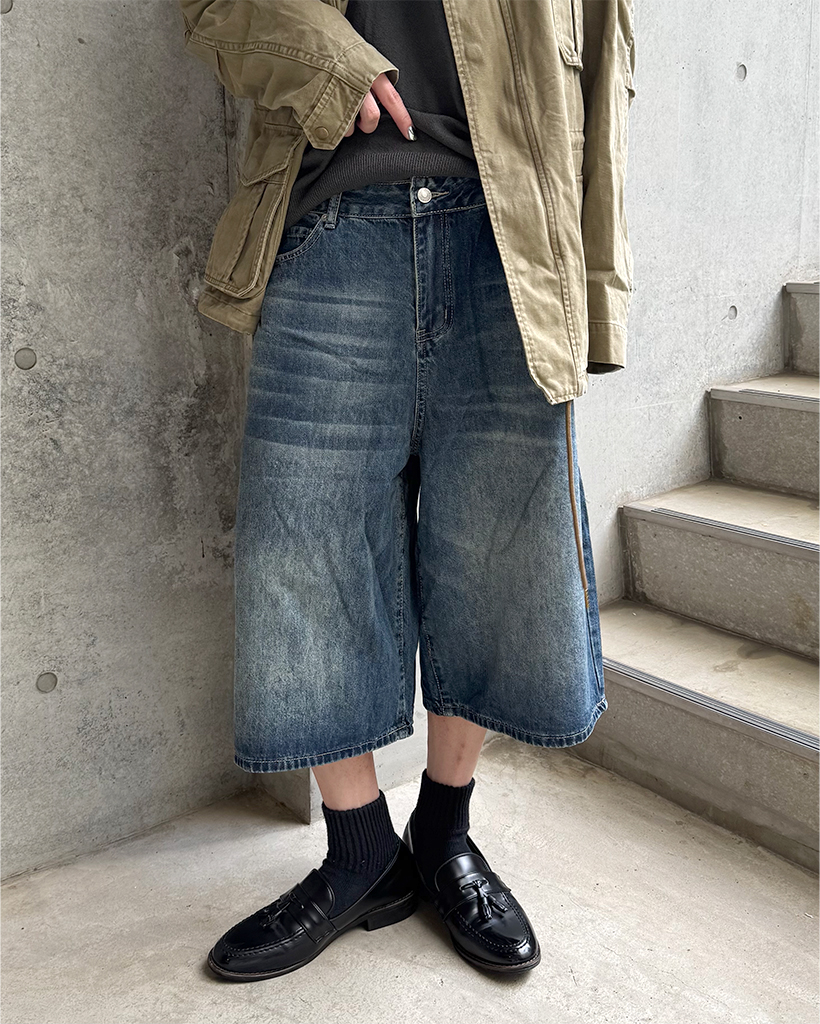 キャットブラシウォッシュバミューダデニムパンツ