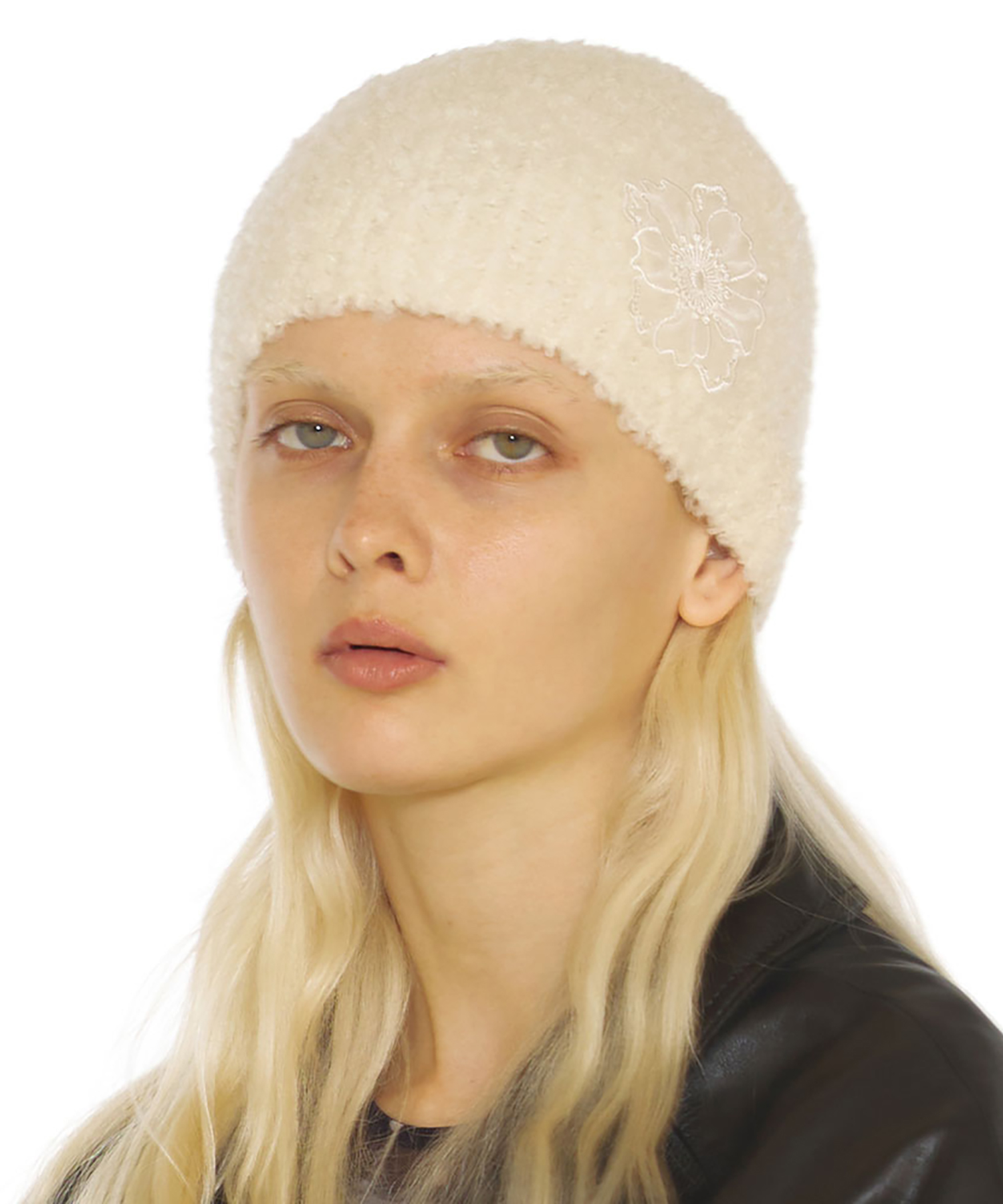 FLOWER SINGLE BEANIE / MOHAIR BOUCLE / CREAM(生ケ花 飾リ 冬
