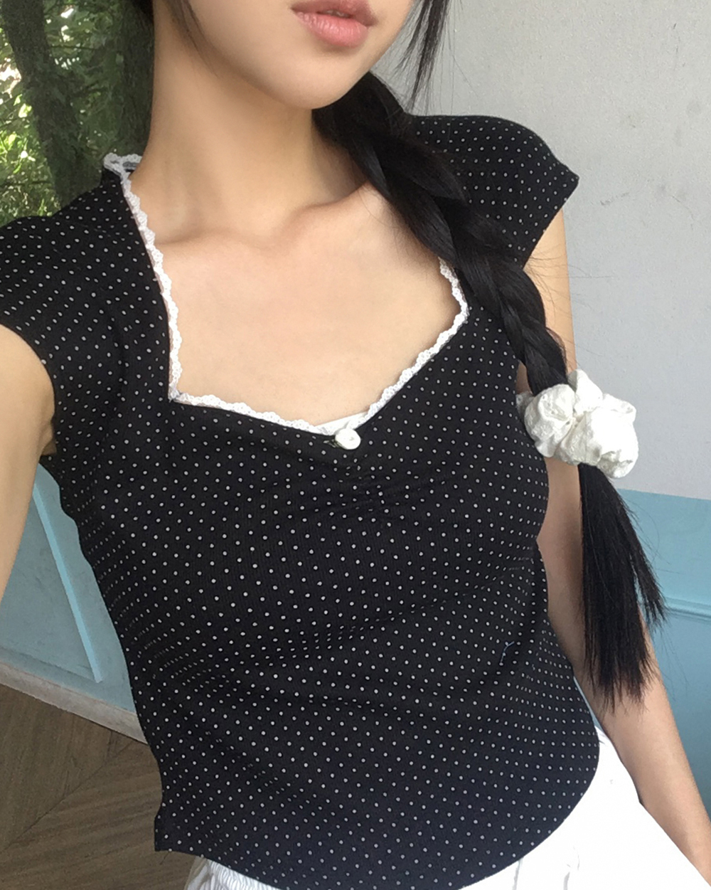 ドットローズレースクロップド半袖Tシャツ
