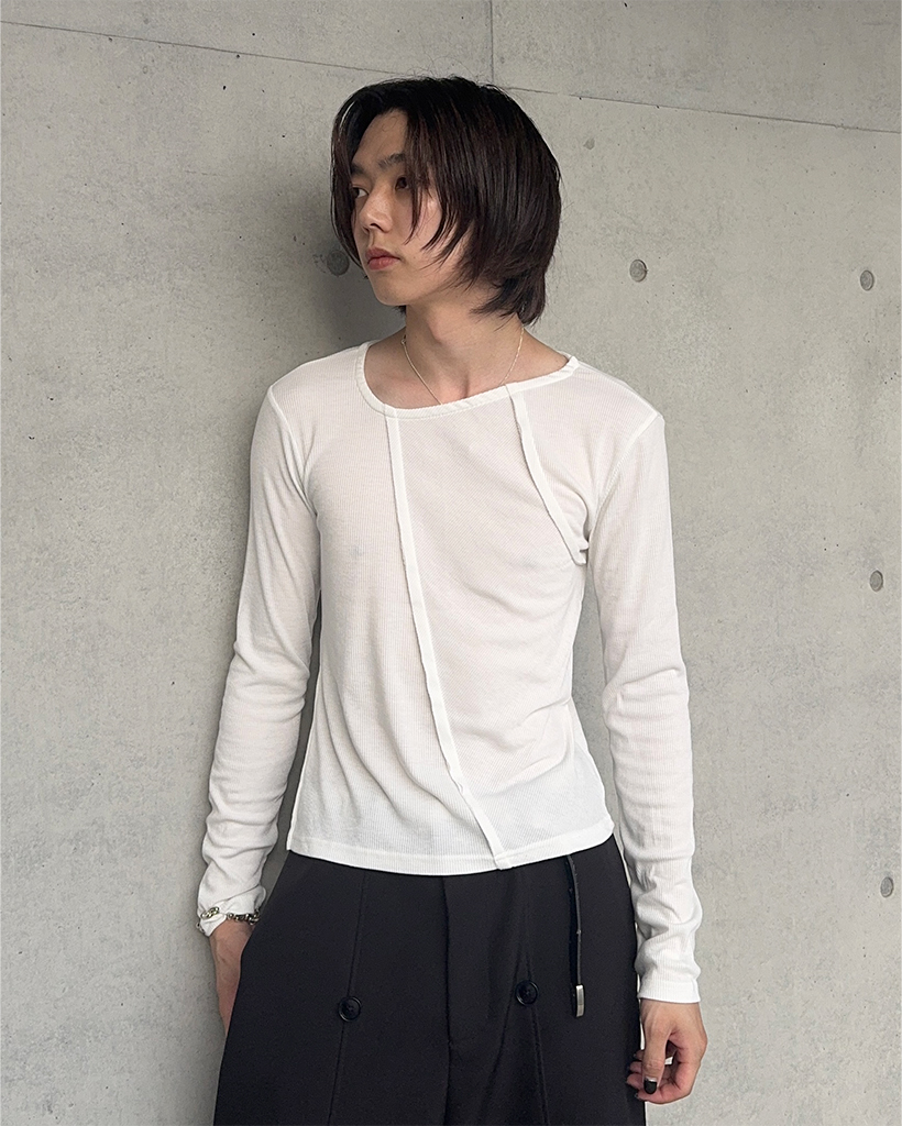 （ユニセックス）アシメ切替リブスリムTシャツ