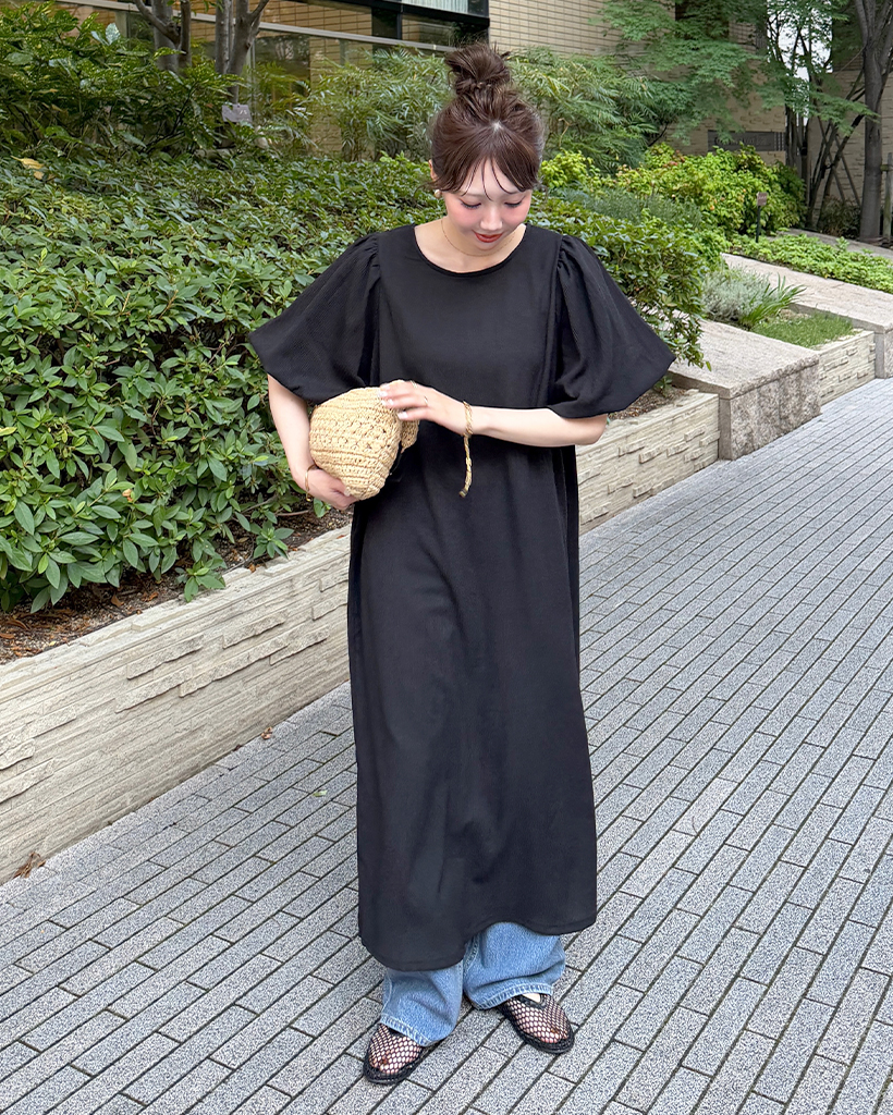 バルーンパフハーフスリーブロングワンピース