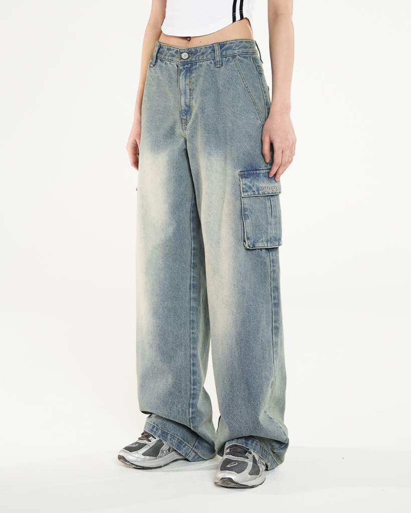 Diagonal cut wide denim pants - blue | ファッション通販