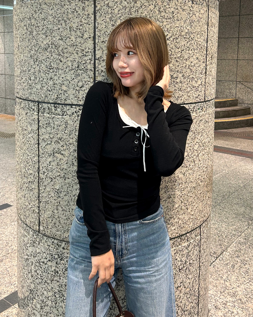 リボンボタンロングスリーブTシャツ