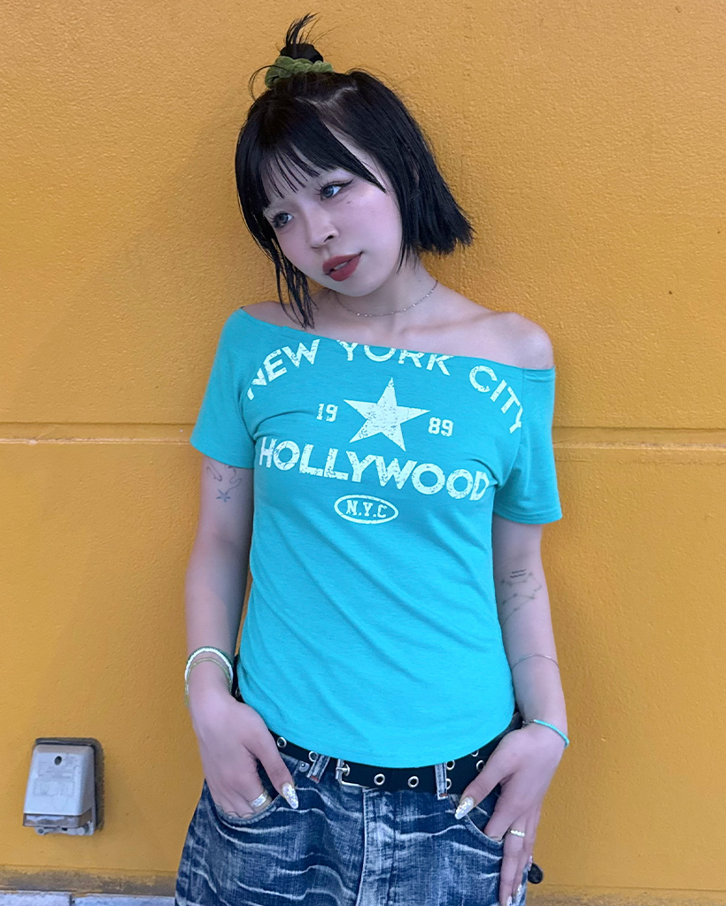 カットオフボートネックハーフスリーブTシャツ