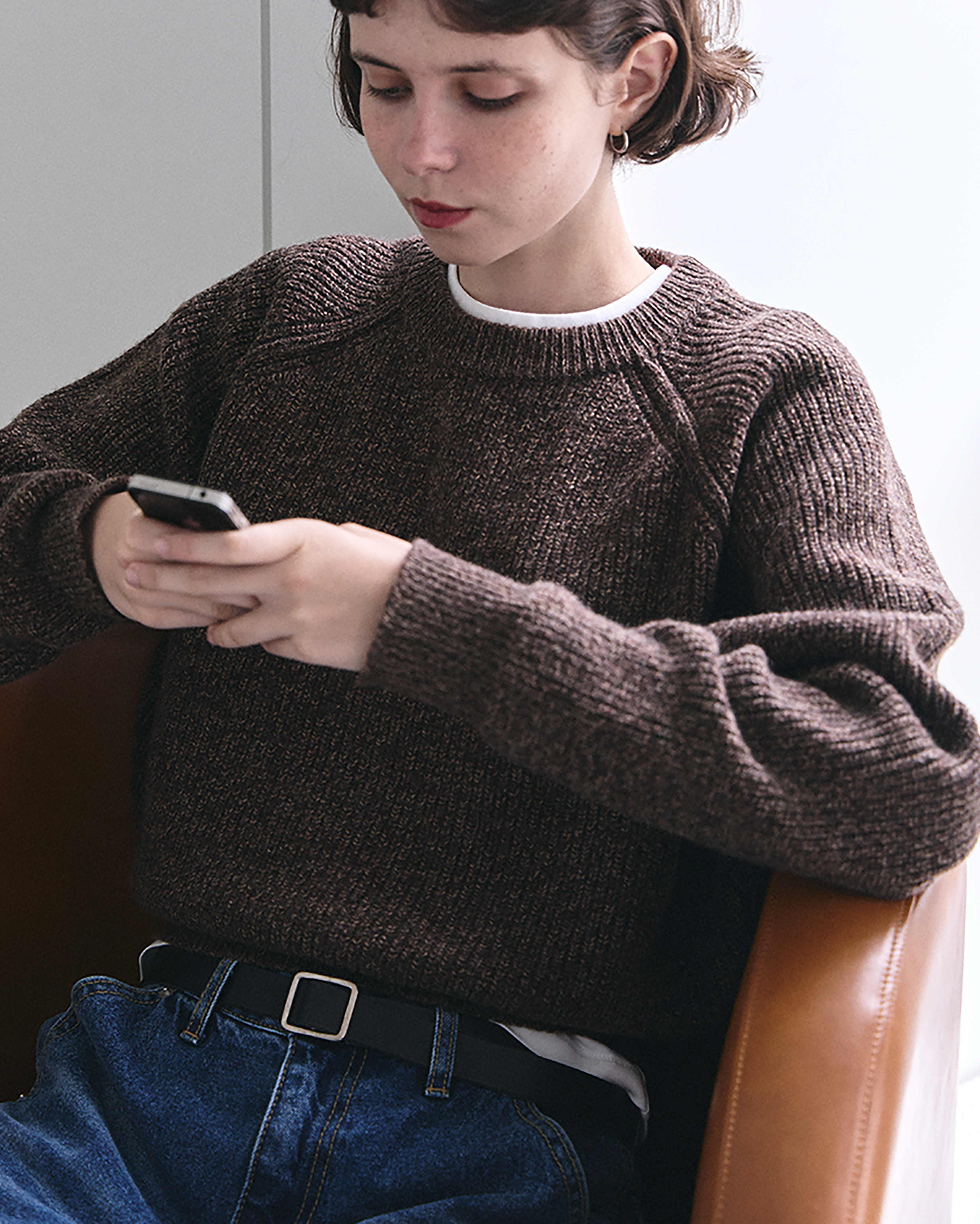 2回再販](ORIGINAL) ミックスヤーンクルーネックニット (brown