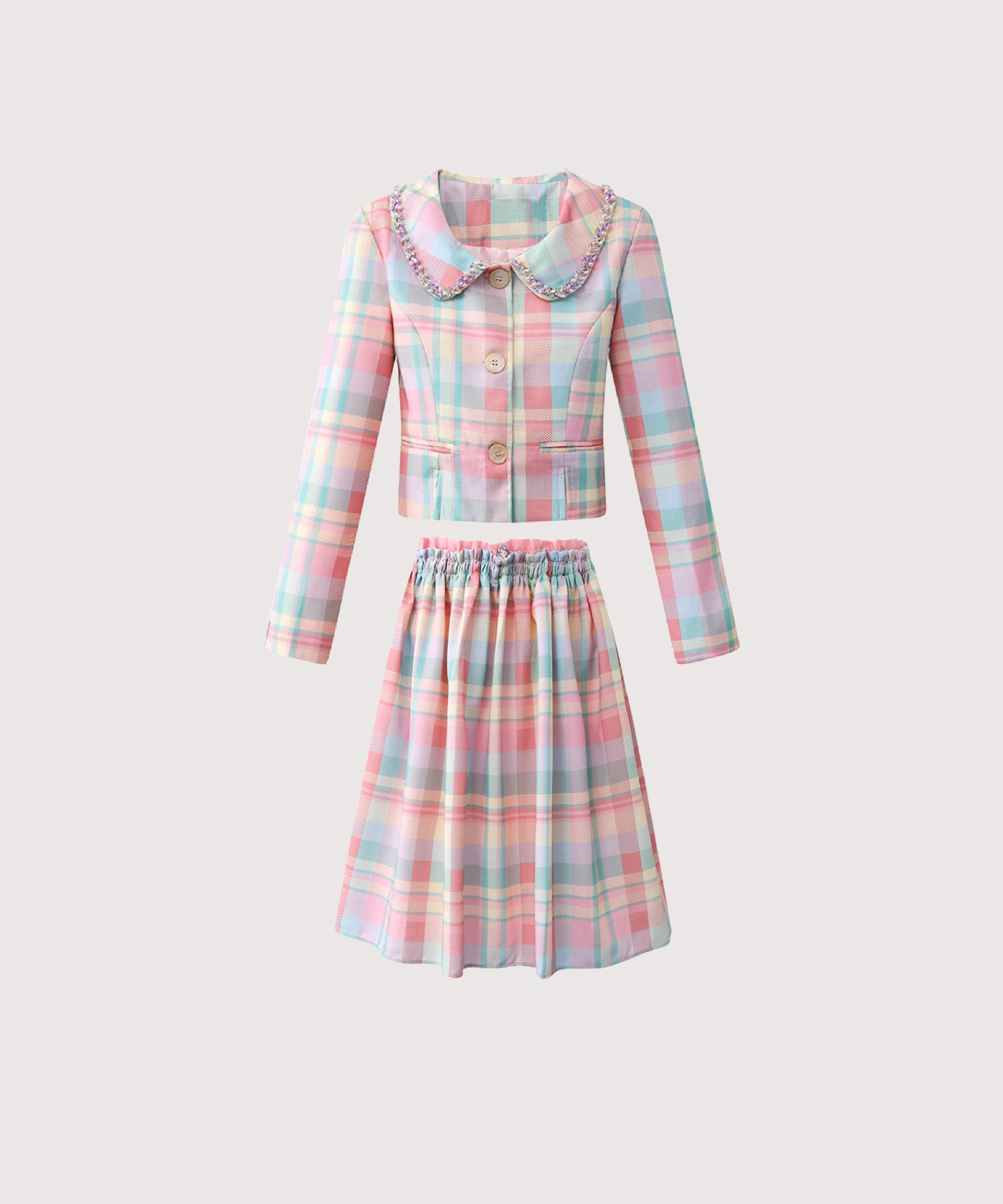 タータンチェックビジューピンクショートスカートセットアップ