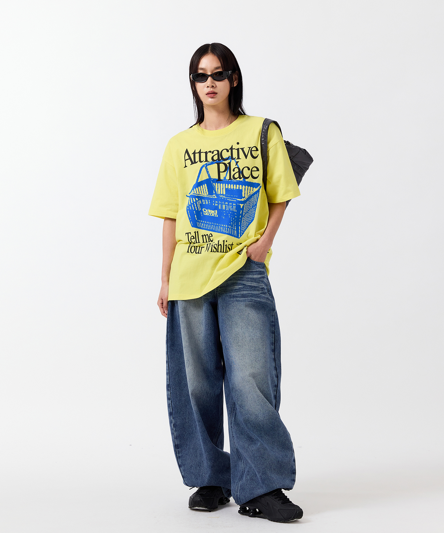 Curve Washed Snap Button Wide Denim Pants - BLUE