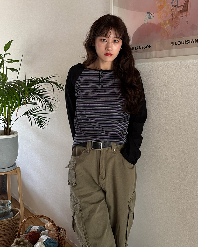 ボーダーラグランヘンリーTシャツ