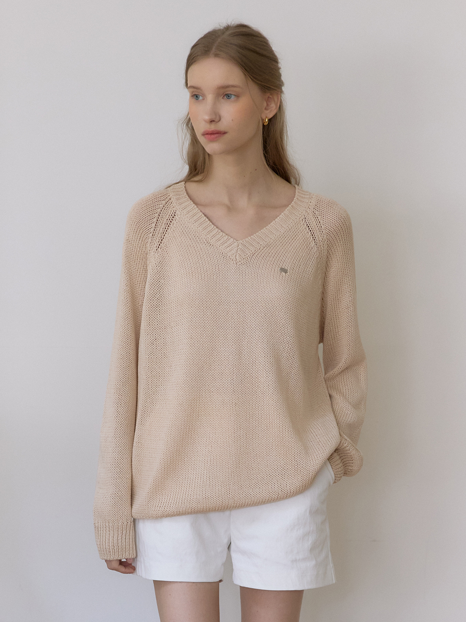 Linen V-neck Sheer Knit - Beige