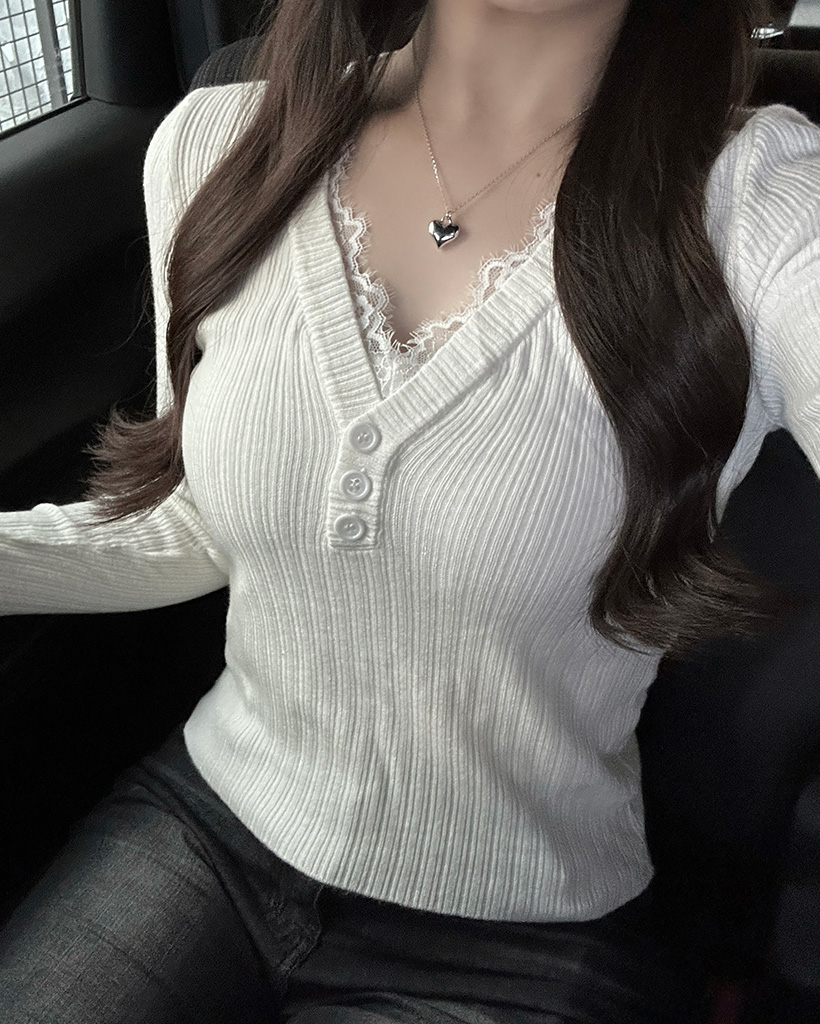 Vネックレースポイントロングスリーブシャツ