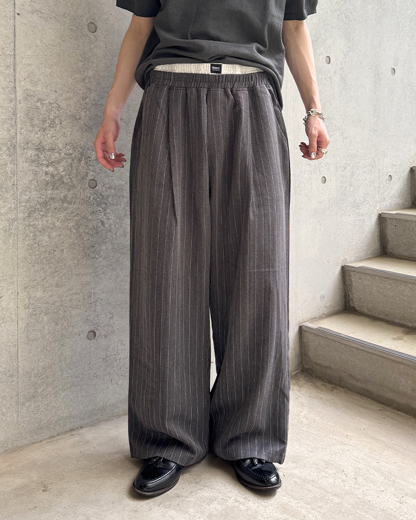 (ユニセックス) ストライプウエストゴムワイドスラックス