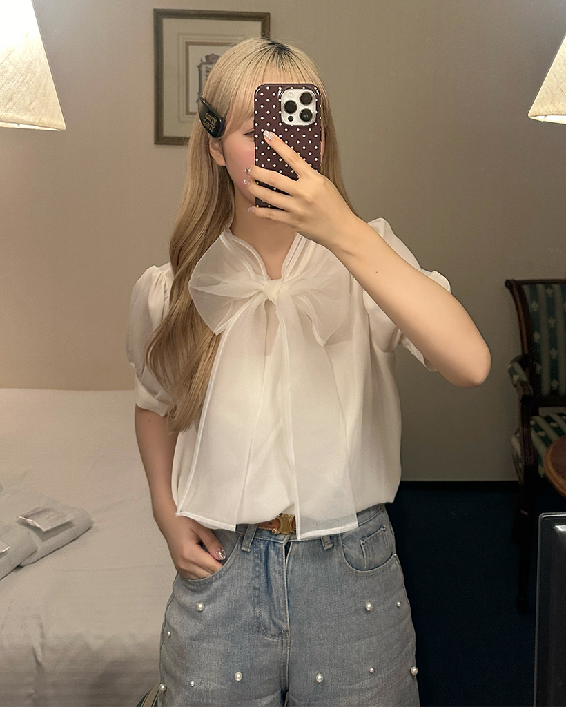 オーガンジーネックリボン半袖ブラウス