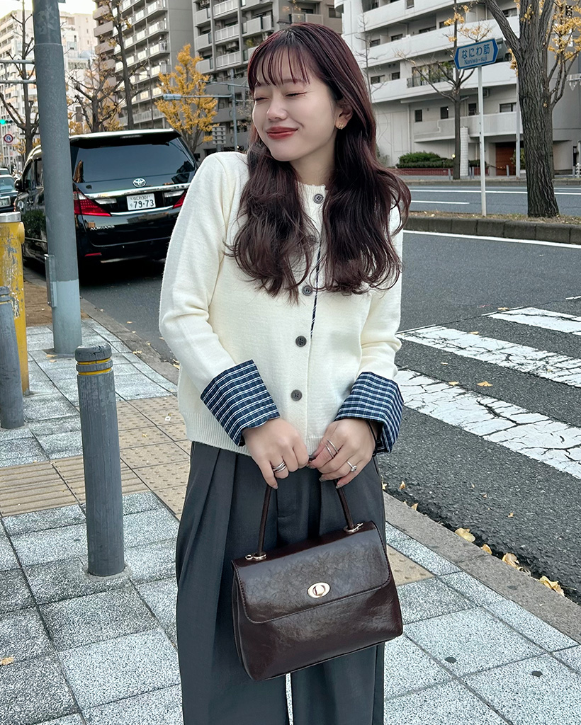 チェックシャツレイヤードニットカーディガン