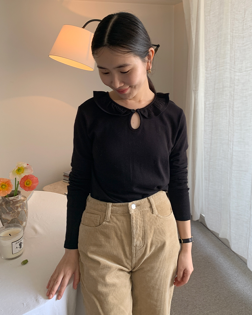 ラウンドカラーフリルボタンソフトTシャツ