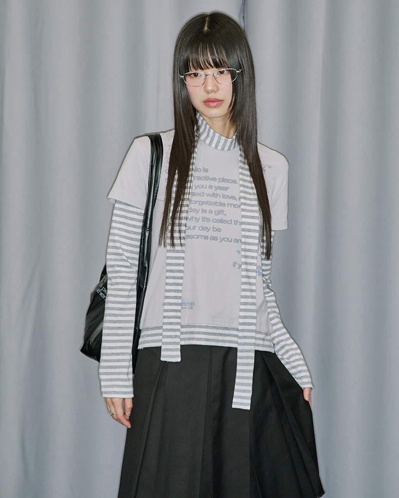 Layered Stripe Muffler Set Long Sleeve - SMOKE GRAY