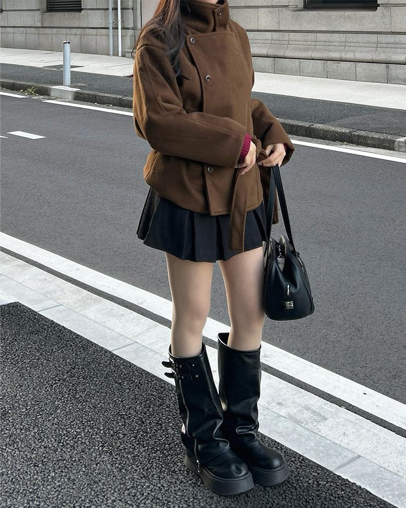 ハイネックウエストベルトハーフコート