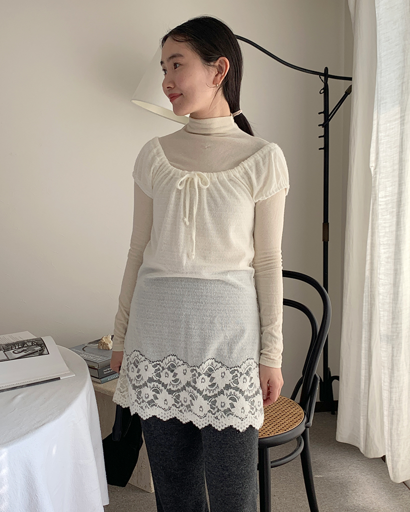 シャーリングリボンニットレースワンピース