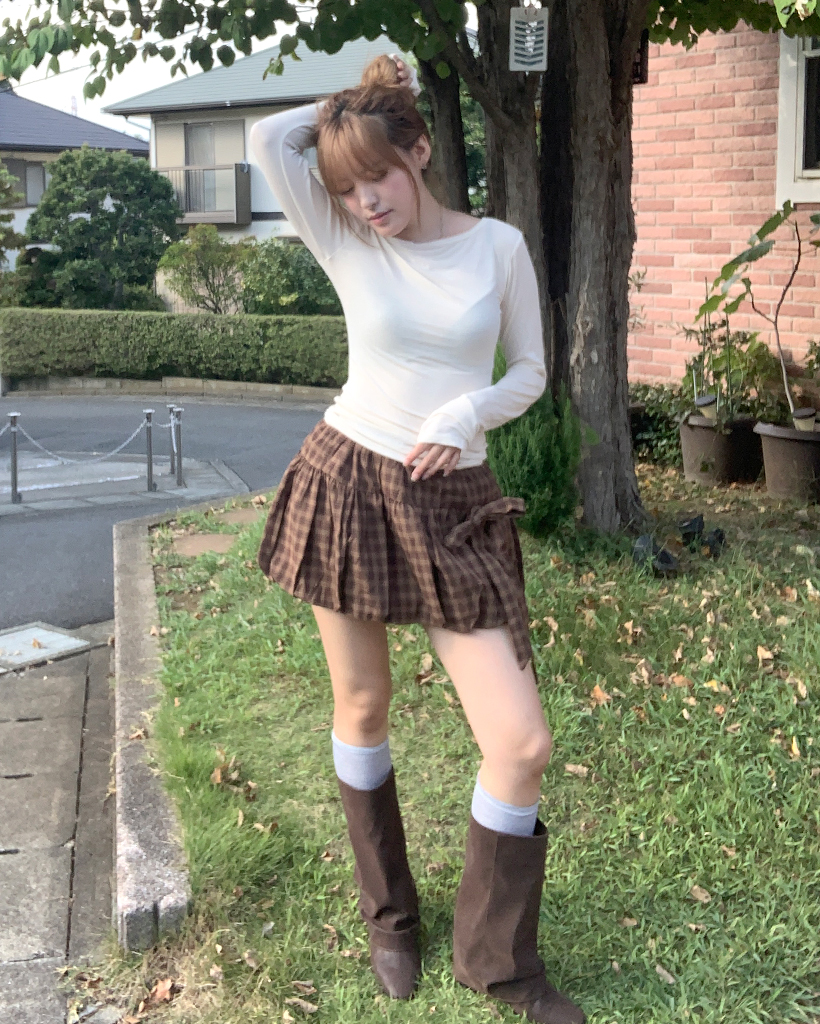 リボンストラップバルーンフィットチェック柄ミニスカート