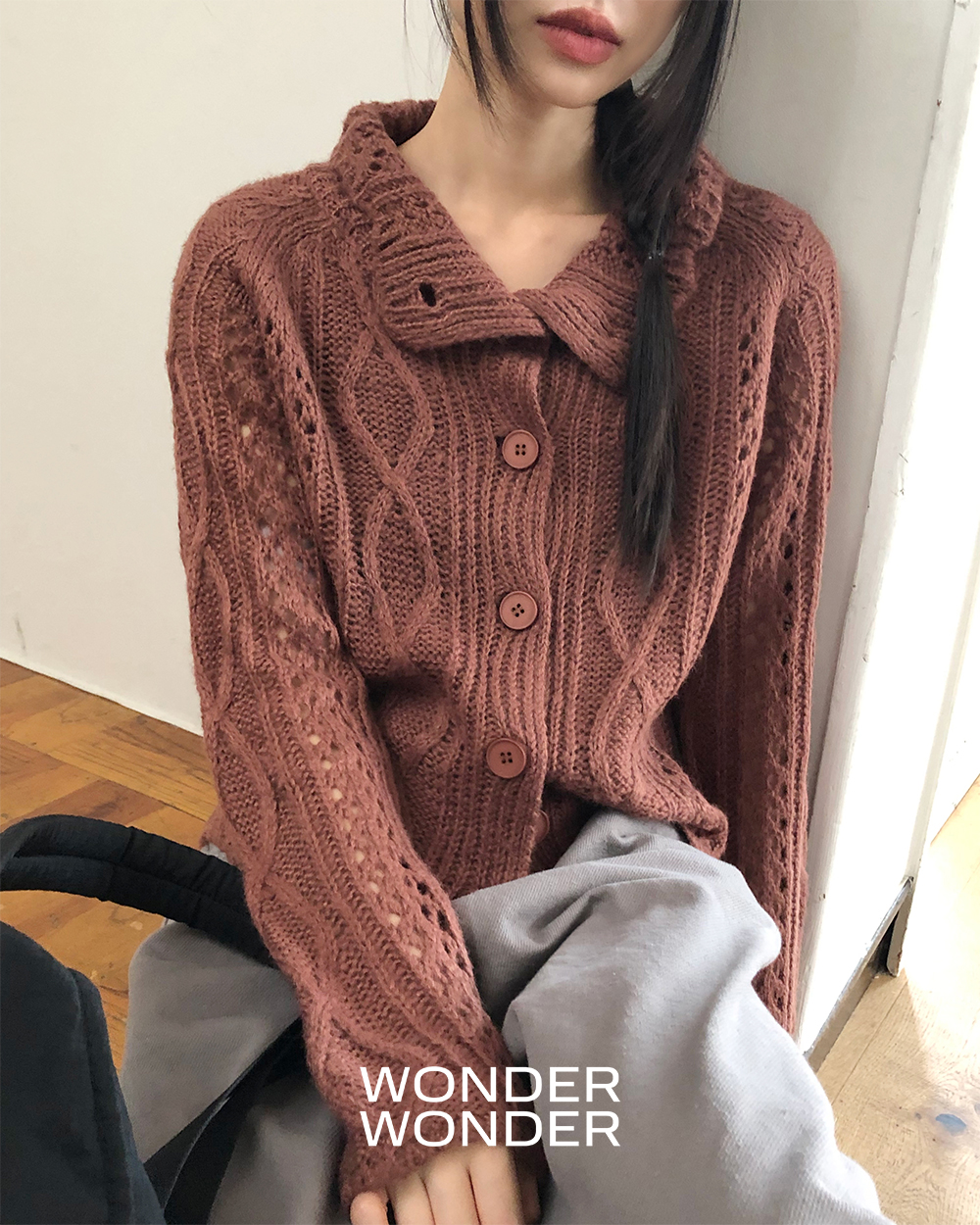 original]ハイネックツイストニットカーディガン | ファッション