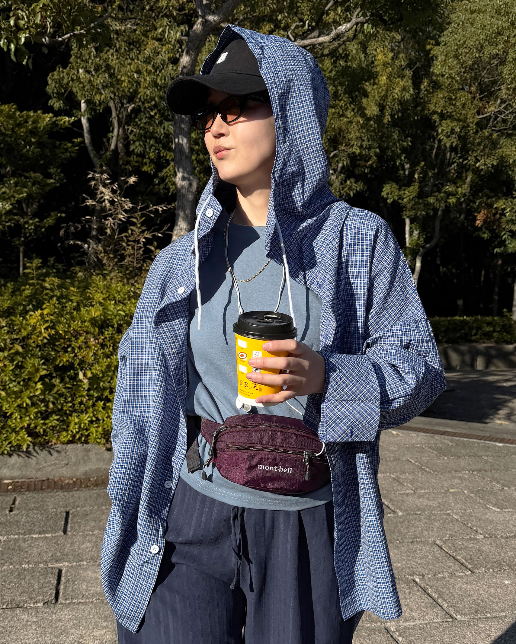 チェックフーディーコットンシャツ