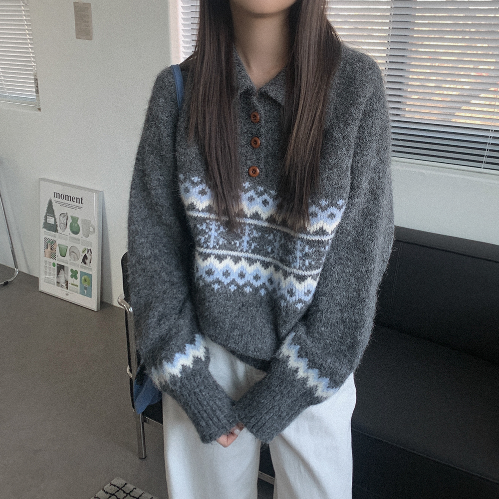 ジャガード 襟付き ニット