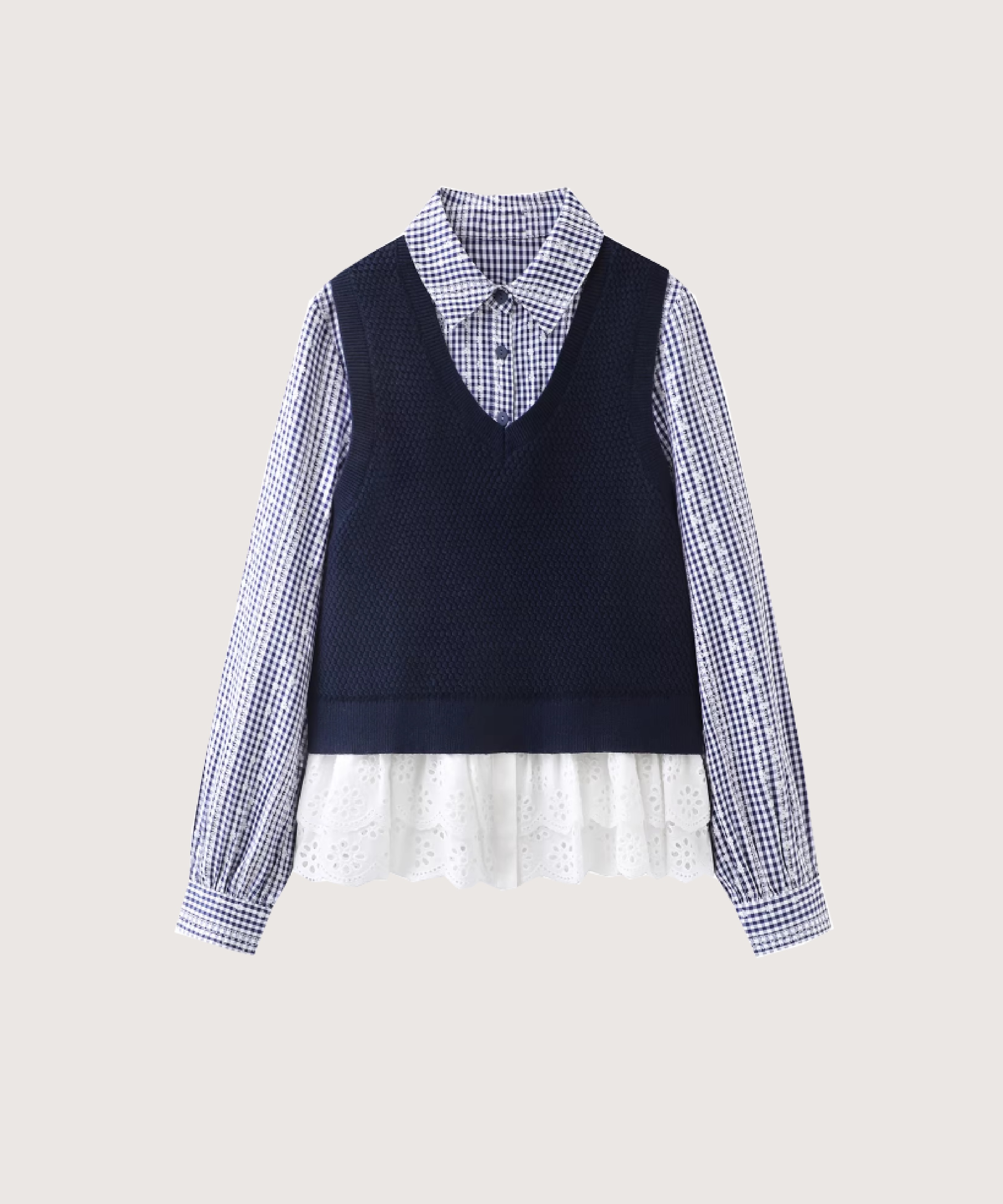 エンボスフローラルフリルシャツベストセットアップ