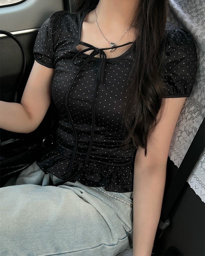 ドットリボンストラップパフスリーブ半袖Tシャツ
